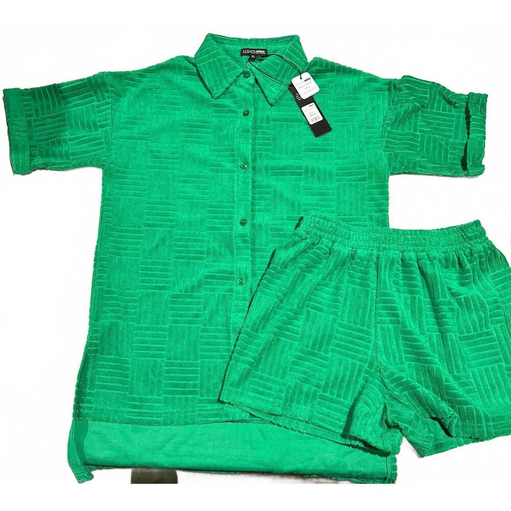 NWT Fashion Nova Green Terry Cloth Shirts Set Size XS